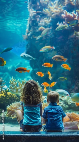 A young girl and boy are sitting on the floor in front of a large aquarium fille