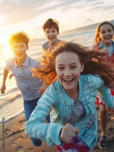 A group of children are running on the beach, laughing and enjoying themselves. Scene is joyful and carefree © vefimov