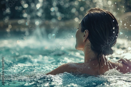 Water Spa. Serene Beauty  Young Woman Enjoying Waterfall Splashes in Spa Swimming Pool