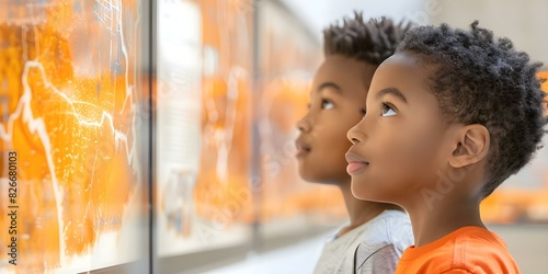 Two young Black boys intrigued by Black history exhibit at community center. Concept Black History, African American Culture, Community Center, Youth Education, Black Role Models photo