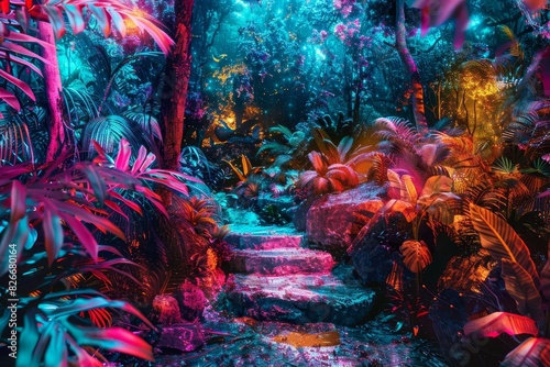 Luminous Enchantment: A Collage of Mystical Magic Exotic Forest with Neon Illumination photo