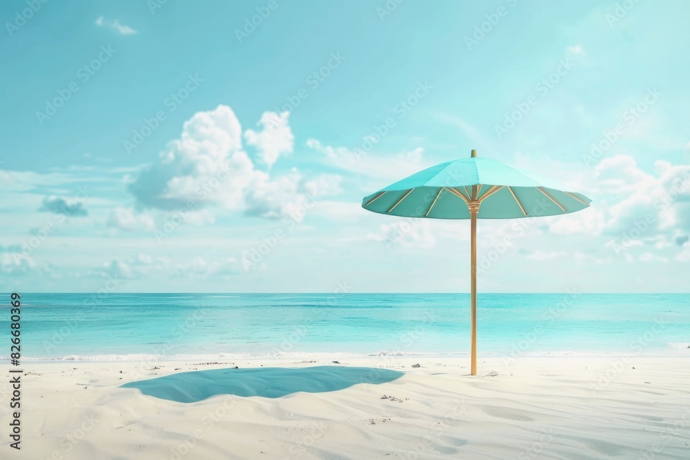 A blue umbrella is on a beach next to the ocean. The sky is blue and there are clouds in the background. The scene is peaceful and relaxing