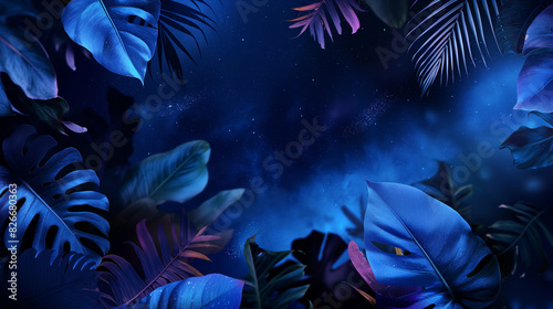 Coleção de folhas tropicais, planta de folhagem em cor azul com fundo espacial. Design abstrato de decoração de folhas. Arte exótica da natureza photo