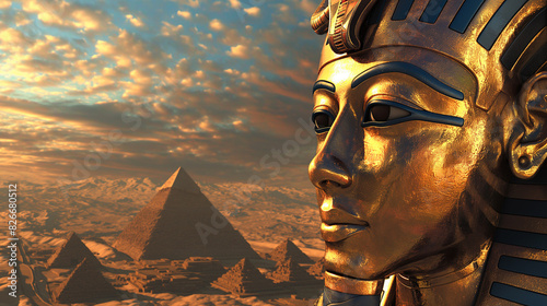 Máscara dourada do Faraó, cena panorâmica do Egito em 3d photo