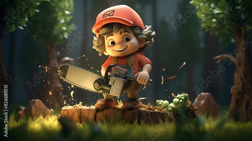 A photo of a 3D character using a chainsaw to prune