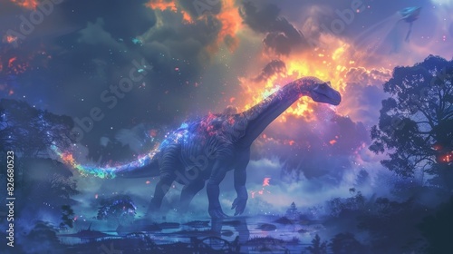 Majestic Brontosaurus in a Fog-Shrouded Dreamscape Adorned with Ethereal Lights, Cinematic Digital Painting photo