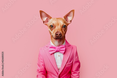 Elegantly dressed Chihuahua in a pink tuxedo on a pink background. Generative AI image