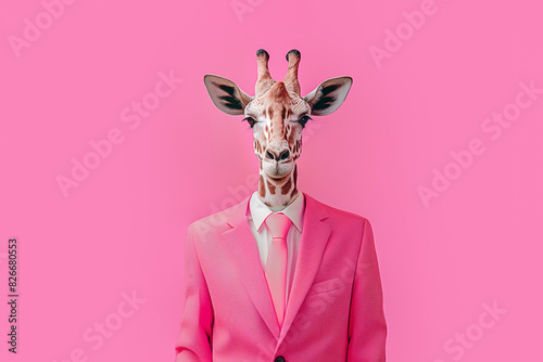 Surreal giraffe in a pink suit against a pink background. Generative AI image photo