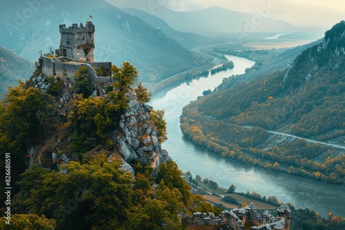 Medieval Castle Majestically Perched atop a Mountain Overlooking a River