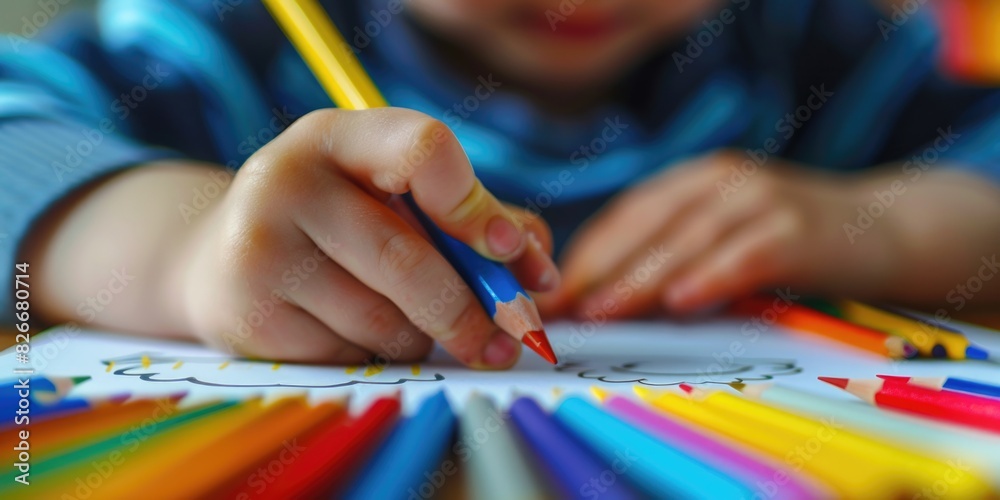 A child is drawing a picture with a red crayon. The drawing is colorful and has a happy mood A child is drawing a picture with a red crayon. The drawing is colorful and has a happy mood