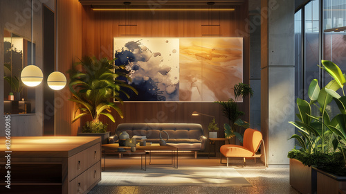 candinavian media lounge, sleek design, light wood tables, comfortable recliner, abstract artwork, pendant lighting, potted plants, and a cozy atmosphere photo