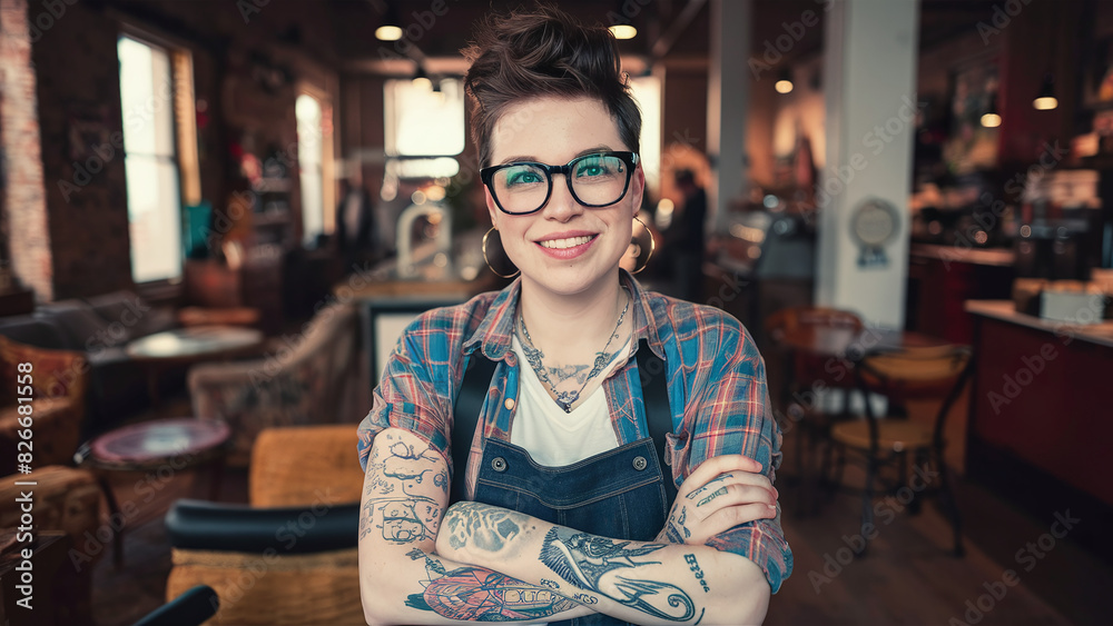 portrait of smiling happy young hispter tattooed woman working at a cafe shop restaurant, waiter, employee of the month