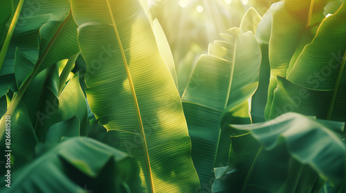 Folhas de bananeira ao sol, ângulo de fotografia aérea, tom pequeno e fresco photo