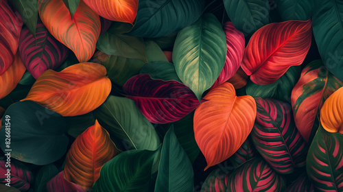 Coleção de folhas tropicais, planta de folhagem com fundo de espaço de cor. Design abstrato de decoração de folhas. Arte da natureza exótica photo