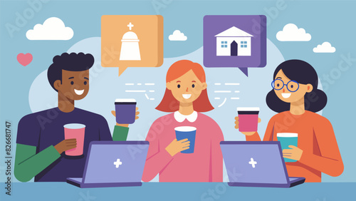 Laptops open and coffee cups in hand the church staff eagerly shares their ideas for creating digital content that will engage and inspire their. Vector illustration
