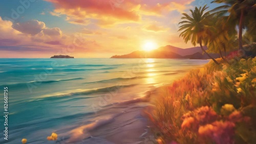 A vibrant view of waves on the beach at sunset with colorful flower and palm trees in summer season, digital painting, copy space area. photo
