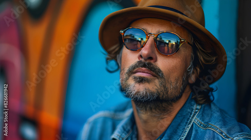 Stylish Man in a Denim Jumpsuit, Brown Leather Hat, and Sunglasses