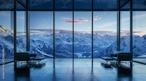 Modern office with large windows overlooking snowy mountain peaks at sunset, creating a serene and professional atmosphere