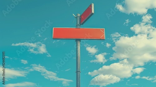 A red street sign is on a pole in front of a blue sky. The sign is empty, but it is still a useful piece of information for drivers. The image has a calm and peaceful mood, with the blue sky