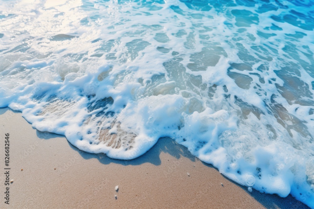 The ocean waves are crashing onto the shore, creating a beautiful and calming scene. The foam from the waves is white and adds to the serene atmosphere. The water is calm, and the beach is empty