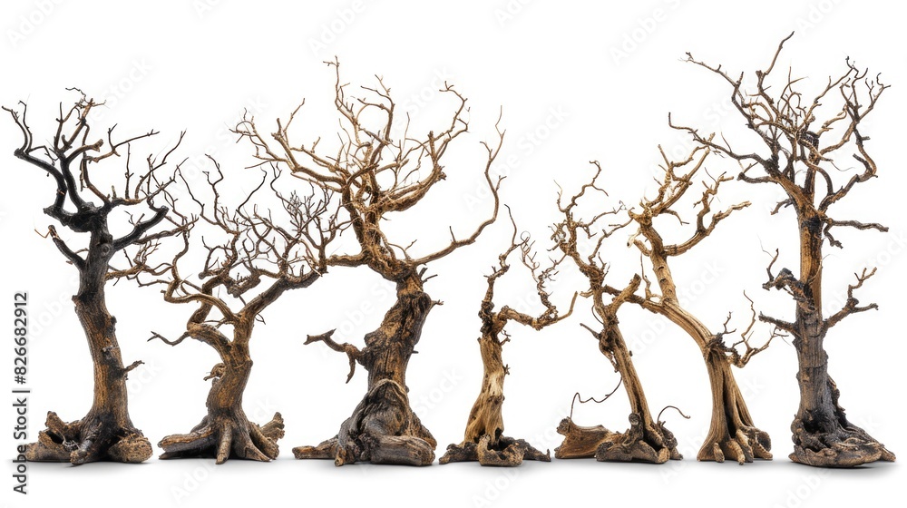 A row of six dead trees with branches sticking out. The trees are all different sizes and are all leaning in different directions A row of six dead trees with branches sticking out. The trees are all different sizes and are all leaning in different directions