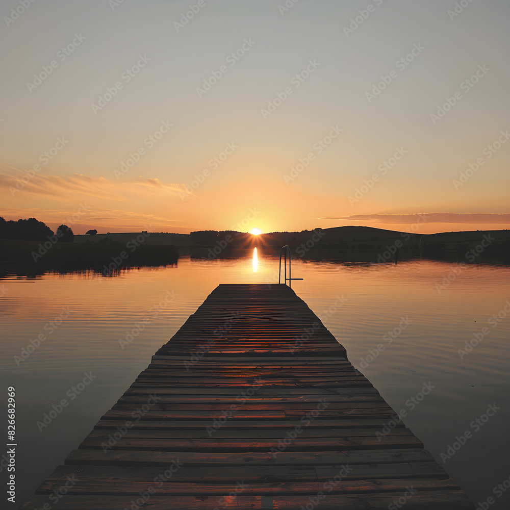 Tranquil Sunset Over Serene Lake with Silhouetted Hills and Wooden Pier
