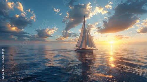 A sailboat is sailing on a calm ocean with a beautiful sunset in the background