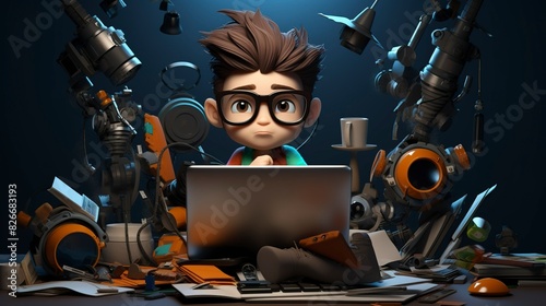 A photo of a 3D character using a laptop © Global Stock