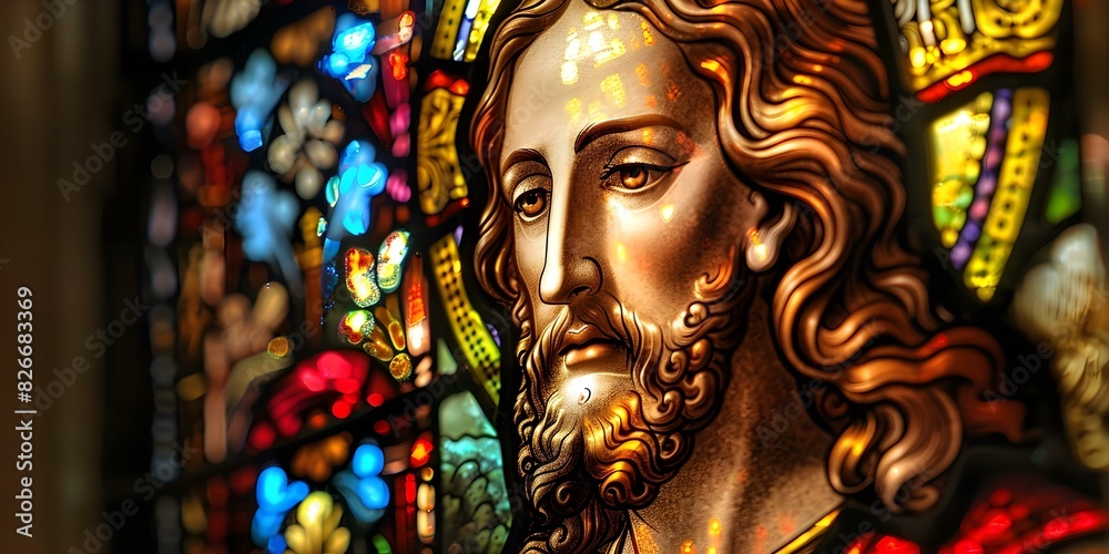 Gradual closeup on intricate stained glass featuring Jesus vibrant colors glowing. Concept Artistic photography, Stained glass, Religious symbols, Close-up details, Vibrant colors Gradual closeup on intricate stained glass featuring Jesus vibrant colors glowing. Concept Artistic photography, Stained glass, Religious symbols, Close-up details, Vibrant colors