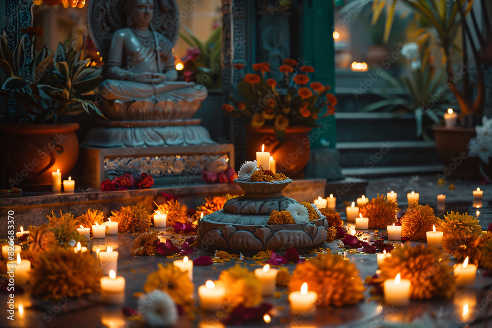 Statue with candles and flowers during Guru Purnima celebration. Spiritual ceremony in a temple with floral decor. Design for poster, banner, greeting card, and invitation Statue with candles and flowers during Guru Purnima celebration. Spiritual ceremony in a temple with floral decor. Design for poster, banner, greeting card, and invitation