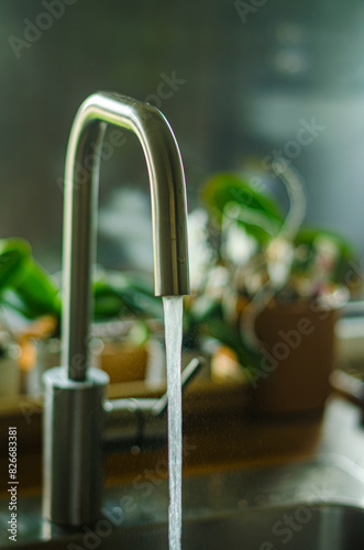 Water running from tap fitting on leeks in colander in kitchen sink. High quality photo