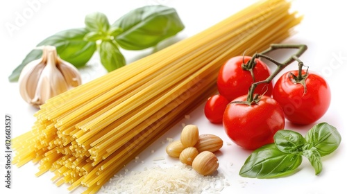 Italian spaghetti pasta cooking ingredients on white background