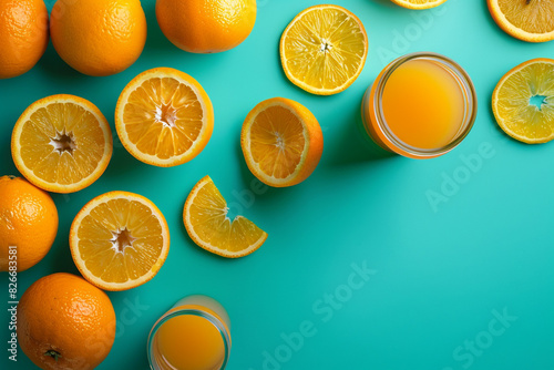 Squeezed orange juice on solid teal background.