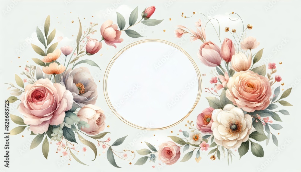 Elegant floral frame with soft pastel flowers surrounding an empty circle, perfect for invitations, greeting cards, or wedding designs. Elegant floral frame with soft pastel flowers surrounding an empty circle, perfect for invitations, greeting cards, or wedding designs.