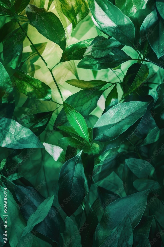 Obraz premium A close up of green leaves with a bright green background. The leaves are lush and vibrant, giving the impression of a thriving garden. Concept of freshness and vitality