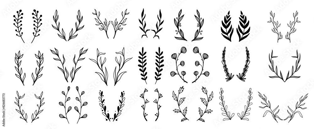 Floral wreath frames botanical scrapbook natural hand drawn scribble doodles set collection Floral wreath frames botanical scrapbook natural hand drawn scribble doodles set collection