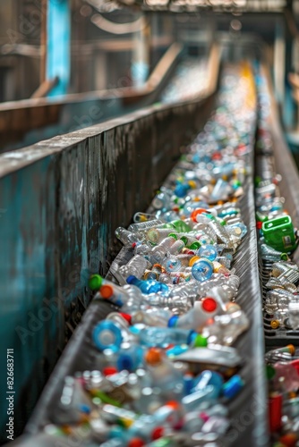 A conveyor belt is filled with plastic bottles. The bottles are all different colors and sizes