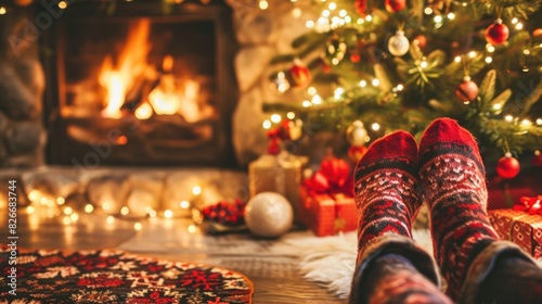Wallpaper Mural A person is laying in front of a fireplace with a red and black pair of socks on. The room is decorated with Christmas lights and presents Torontodigital.ca