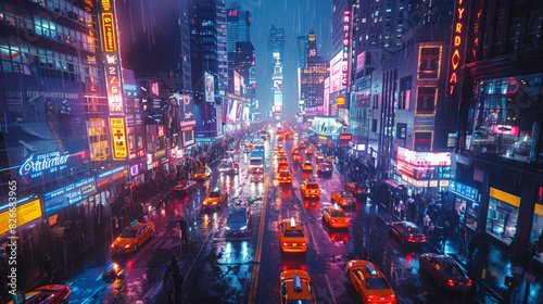 A bustling city street at night, illuminated by neon signs, with dense traffic and a vibrant atmosphere reminiscent of Times Square in New York City.