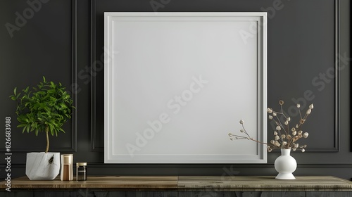 Interior of living room with white mockup frame on cabinet against blank, black wall background  © kinza