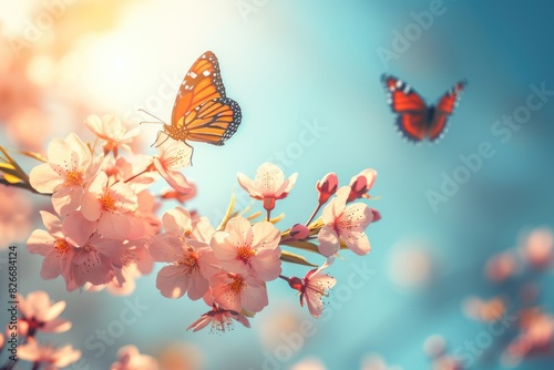 Two butterflies are flying over a tree with pink flowers. The butterflies are orange and black. The scene is peaceful and serene © vefimov