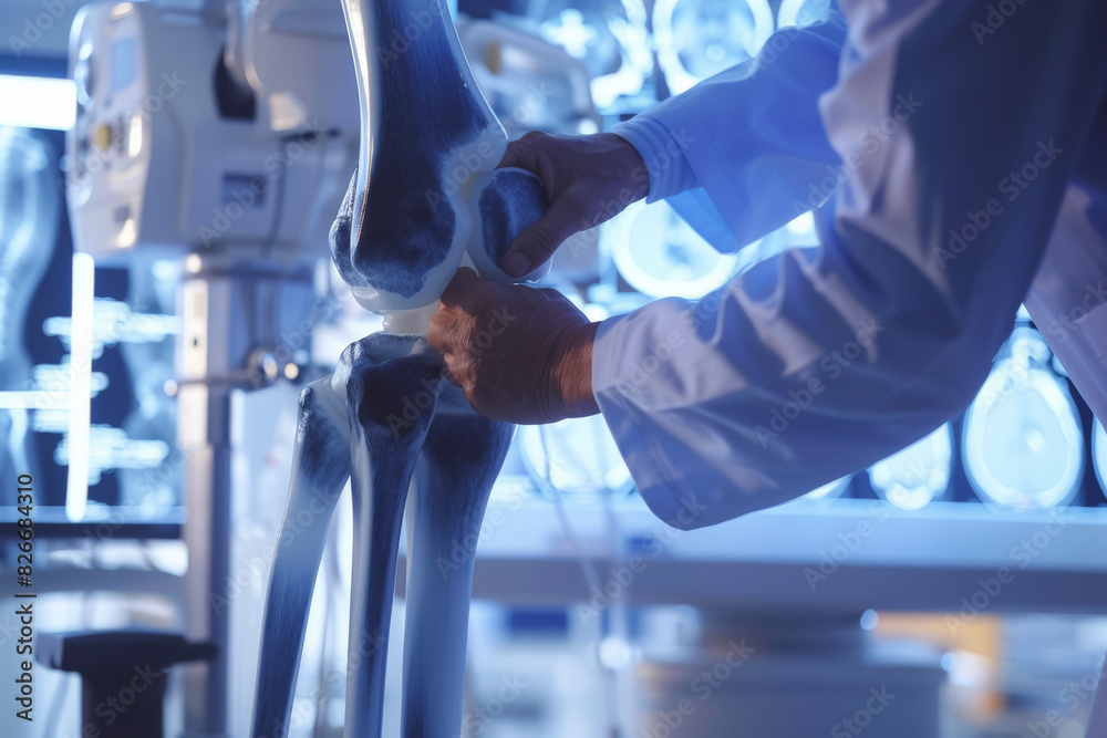 A medical professional examines an X-ray of a human knee joint, highlighting the structure of the bones, in a clinical or hospital setting. A medical professional examines an X-ray of a human knee joint, highlighting the structure of the bones, in a clinical or hospital setting.