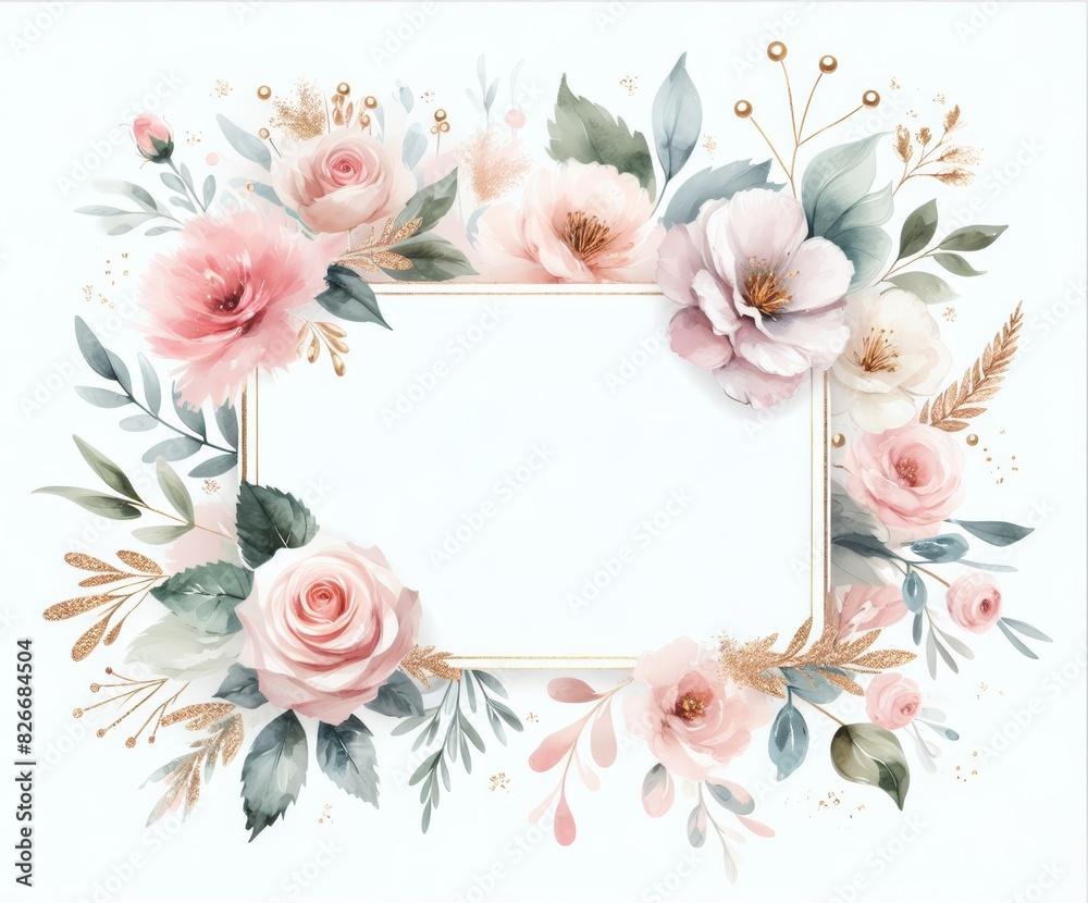 Elegant floral frame with pastel flowers and gold accents, ideal for invitations, cards, and designs Elegant floral frame with pastel flowers and gold accents, ideal for invitations, cards, and designs