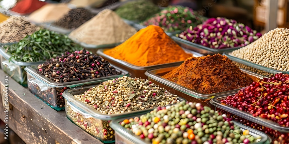 Fototapeta premium Local vendor showcasing colorful spices in vibrant market setting perfect for projects. Concept Spice Market, Local Vendor, Vibrant Colors, Culinary Photography, Marketplace Display