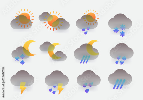Glass morphism dark weather icons set. Vector forecast app symbols