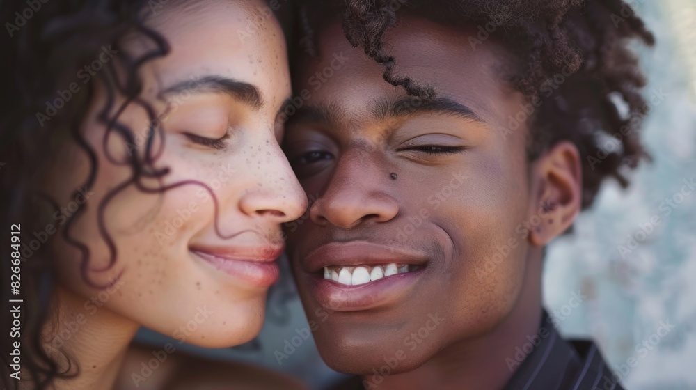 A man and a woman are hugging each other. The man has a beard and the woman has curly hair. They are both smiling and looking at the camera A man and a woman are hugging each other. The man has a beard and the woman has curly hair. They are both smiling and looking at the camera