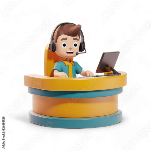 3D Illustration of Customer Service Representative at Desk with Headset and Laptop, Isolated on Transparent Background