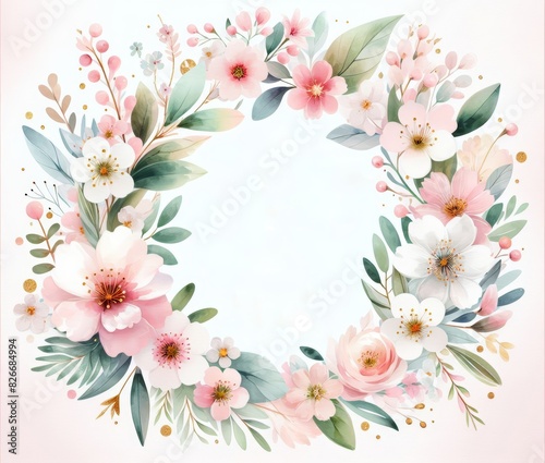 Elegant watercolor floral wreath with delicate pink, white, and green flowers and leaves, perfect for wedding invitations, greeting cards, and spring-themed designs.