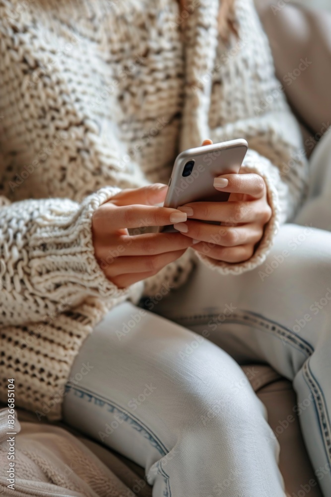 A woman is sitting on a couch and using her cell phone. She is wearing a white sweater and blue jeans A woman is sitting on a couch and using her cell phone. She is wearing a white sweater and blue jeans