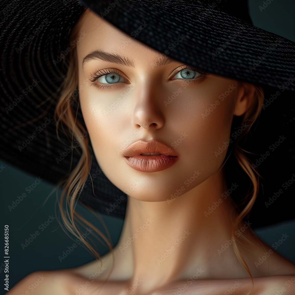 Fashion Model Beauty Portrait with Elegant Black Hat.